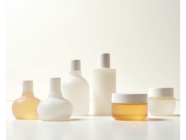 Futuristic, minimalist skincare products on a clean white surface with soft, diffused lighting.