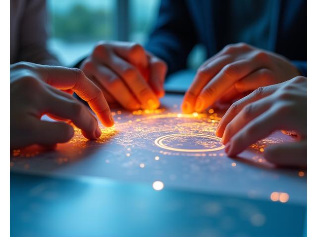 Hands collaborating over a blueprint or technical drawing, symbolizing industry partnership and leadership.