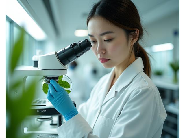 A cosmetic chemist working with advanced lab equipment, focusing on natural ingredients.