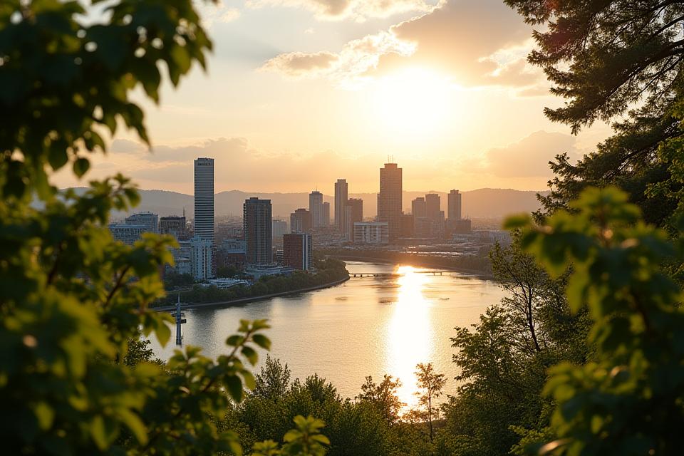 An artistic shot of the Portland waterfront with lush greenery and the city skyline in the background, conveying natural urban harmony.