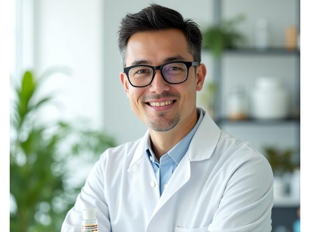Dr. Alistair Finch, AuraBloom's Lead Cosmetic Chemist, in a modern, clean lab setting