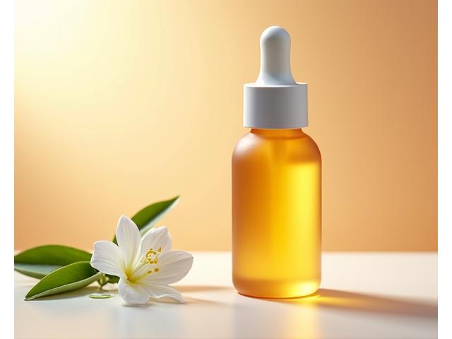 Bottle of 'Radiant Glow Serum' with botanical elements on a clean background.