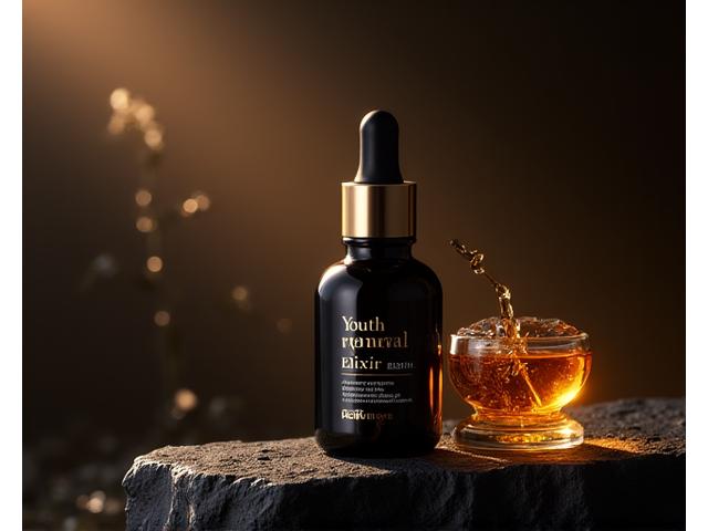 Dropper bottle of 'Youth Renewal Elixir' with a sophisticated, premium feel.