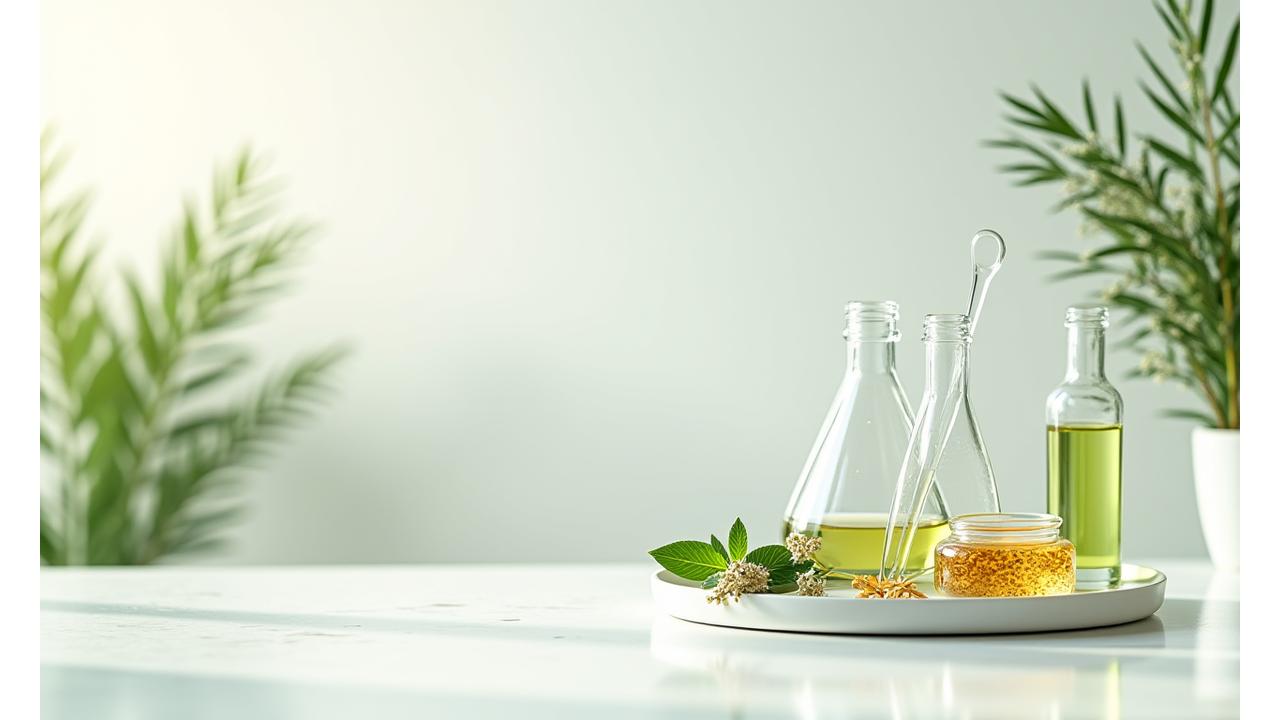 Modern cosmetic laboratory with beakers and botanical extracts under soft, illuminating light, signifying innovation and natural science.
