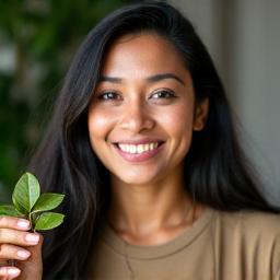 Portrait of Aisha Khan, a natural ingredient specialist, with an enthusiastic and approachable demeanor.