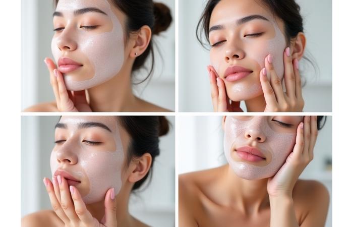 A sequence of four images showing a person gently applying a face mask, starting with clean skin, spreading evenly, relaxing, and finally rinsing for clear skin.