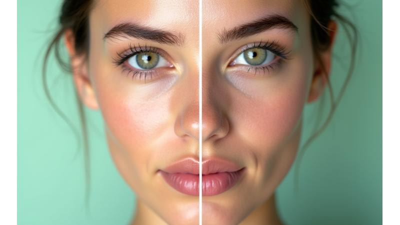 Before and after showing a woman's face transforming from dull skin to achieving radiant, dewy 'glass skin' effect using AuraBloom Organics mask, split vertically