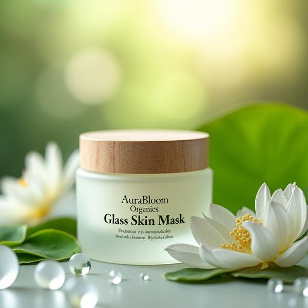 Close-up of AuraBloom Organics glass skin mask jar with fresh botanical ingredients like lotus petals and dewdrops, on a natural, illuminated background.
