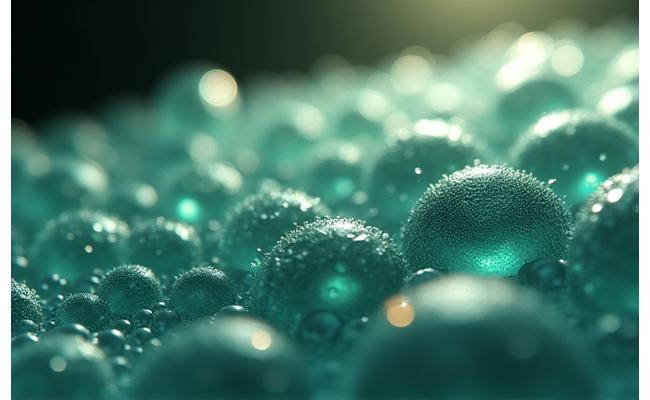 Microscopic view of healthy, plump skin cells richly hydrated, with light reflecting off their smooth surfaces, illustrating luminosity.
