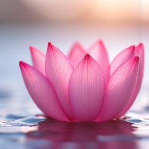 Close-up of a blooming pink lotus flower with dewdrops, symbolizing purity and hydration.