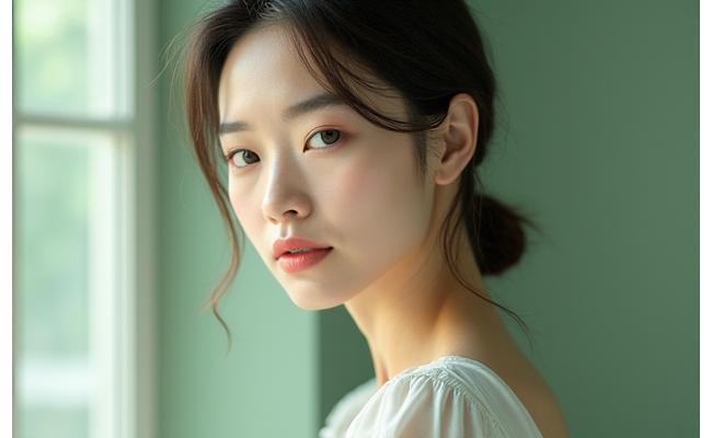 Elegant, serene Asian woman with clear, luminous skin, embodying Korean beauty standards, subtle soft focus.