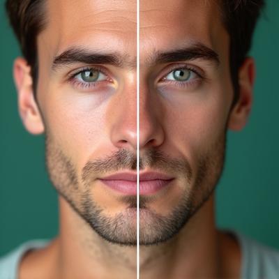 Before and after photos of a man's face, showing improved skin texture, reduced redness, and a natural, clear, hydrated appearance, achieving a subtle glass skin effect.