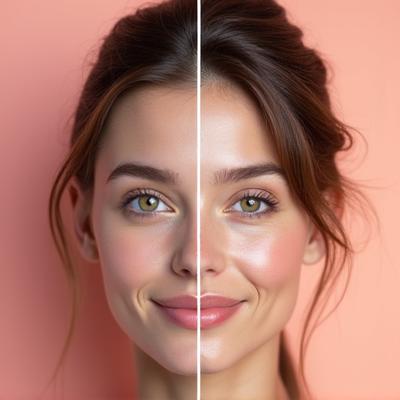 Before and after photos of a young woman's face, showing a transformation from slightly dull skin to a highly radiant, clear, hydrated 'glass skin' complexion.