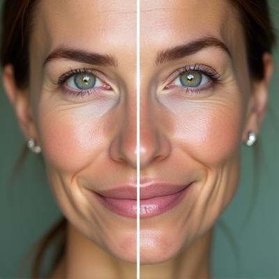 Before and after photos of a middle-aged woman's face, showing diminished fine lines and increased luminosity and evenness, achieving a dewy glow.