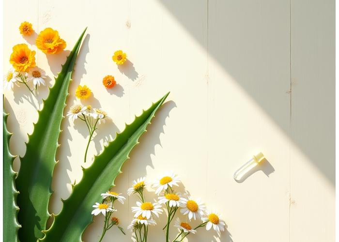 Botanical illustration of various natural skincare ingredients like aloe, chamomile, and hyaluronic acid