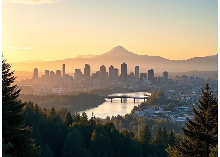 Scenic view of Portland, Oregon skyline with Mount Hood in the background, implying local craftsmanship.