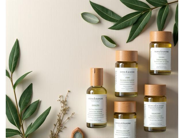 Eco-friendly skincare packaging and ingredients displayed on a natural wooden surface