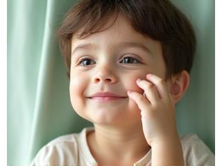 A young child gently applying a face wash, representing the AuraBloom Organics Kids Collection (ages 4-10).