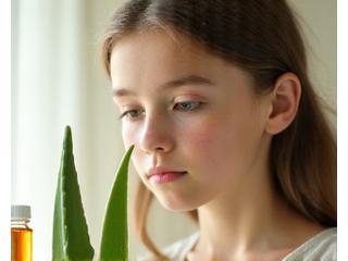 A preteen thoughtfully looking at a natural ingredient, representing the AuraBloom Organics Preteen Collection (ages 11-13).