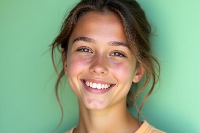 A confident teenager smiling, with clear, healthy skin, representing the success of AuraBloom Organics' acne care solutions.