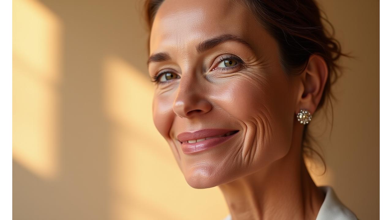 Radiant mature woman with glowing skin, representing graceful aging and natural beauty