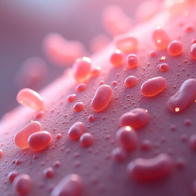 Microscopic view of healthy skin microbiome with diverse, thriving bacteria cells, abstract and glowing