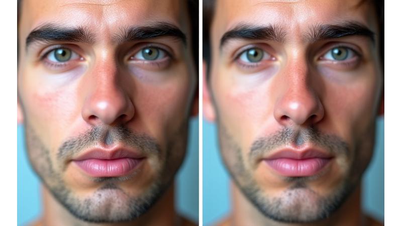 Before and after photo of a man's skin showing reduced sensitivity marks and smoother texture