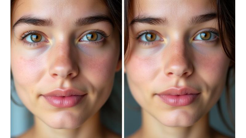 Before and after photo of a young person's skin revealing fewer blemishes and a healthier glow