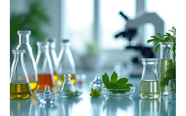 A clean, modern laboratory setting with beakers and botanical samples, representing scientific research.