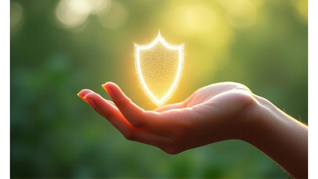 A hand gently cradling a glowing shield icon, symbolizing data protection and trust.