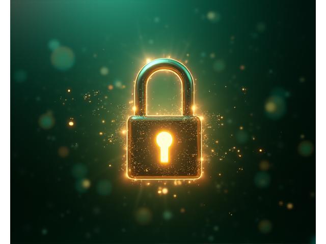 A stylized, glowing digital padlock icon against a secure, textured background, representing robust data encryption and security measures.