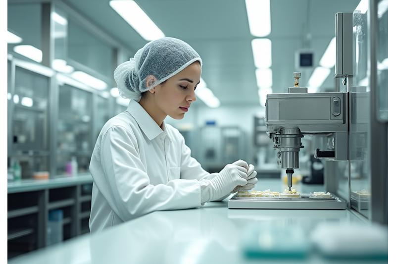 Clean, modern interior of a skincare manufacturing facility with advanced machinery and a technician in lab coat conducting quality control.