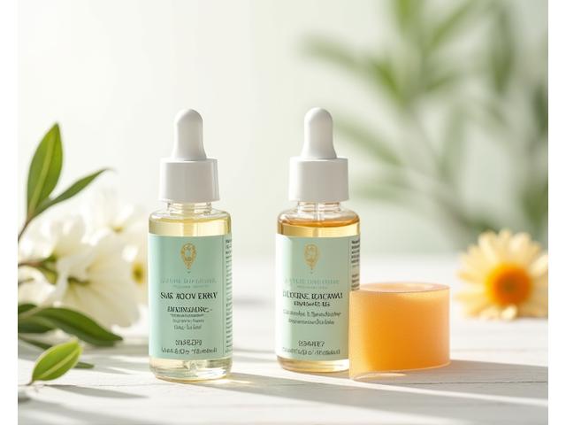 AuraBloom Organics Scar Recovery Serum bottle and natural scar tape on a botanical background
