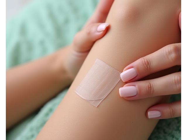 Close-up of a person applying AuraBloom Organics natural scar tape to their arm